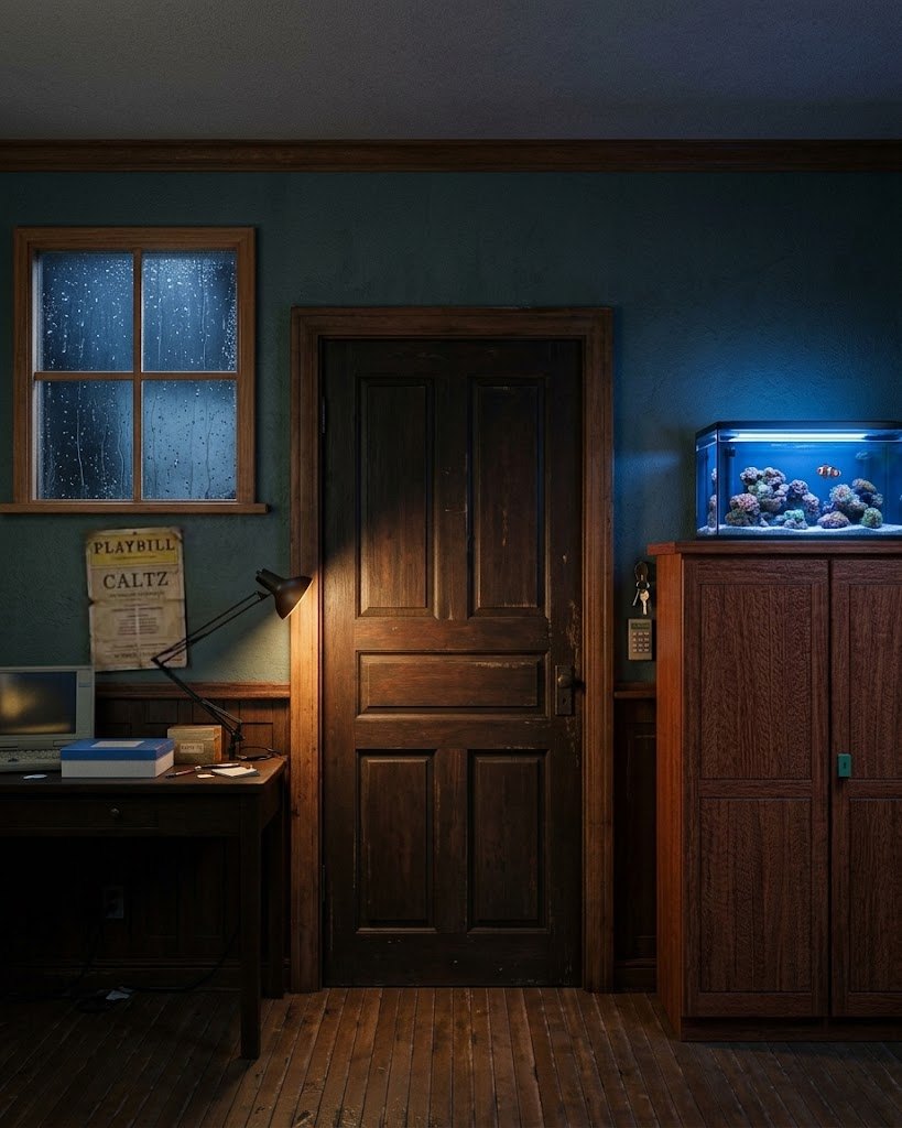 A dim study at night: rain on the window, a playbill on the wall, a desk with a laptop, a game box and a swing-arm lamp, a panelled door with a keypad and keyring, and a tall wooden cabinet with a lit reef aquarium on top.